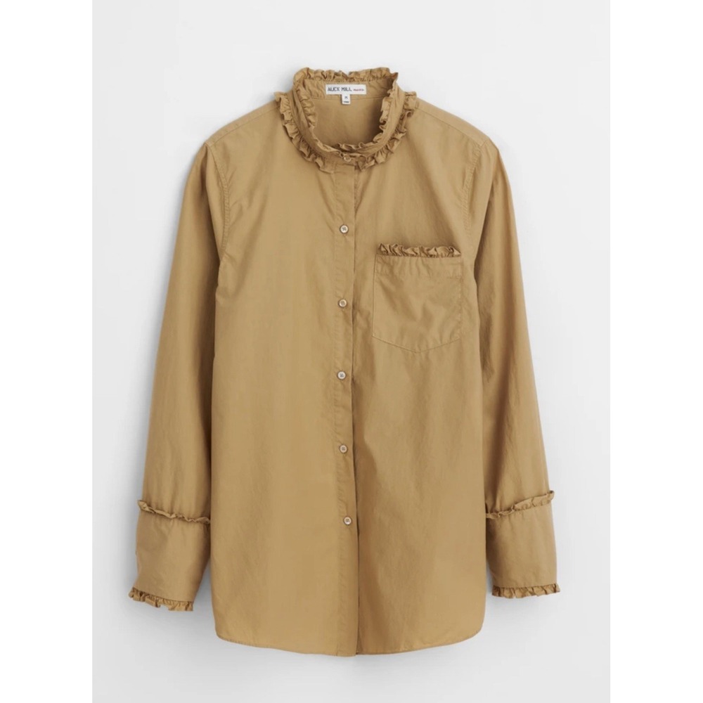 ALEX MILL Ruffle Shirt Sz Large Khaki Long Sleeve Button Down Top Preppy
